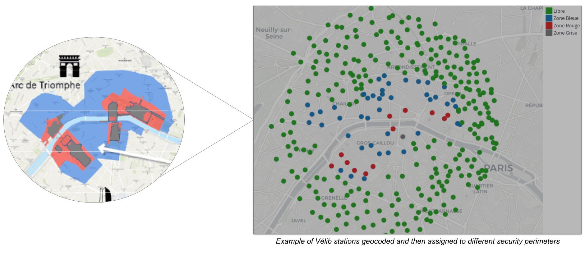 Example of Vélib stations geocoded and then assigned to different security perimeters